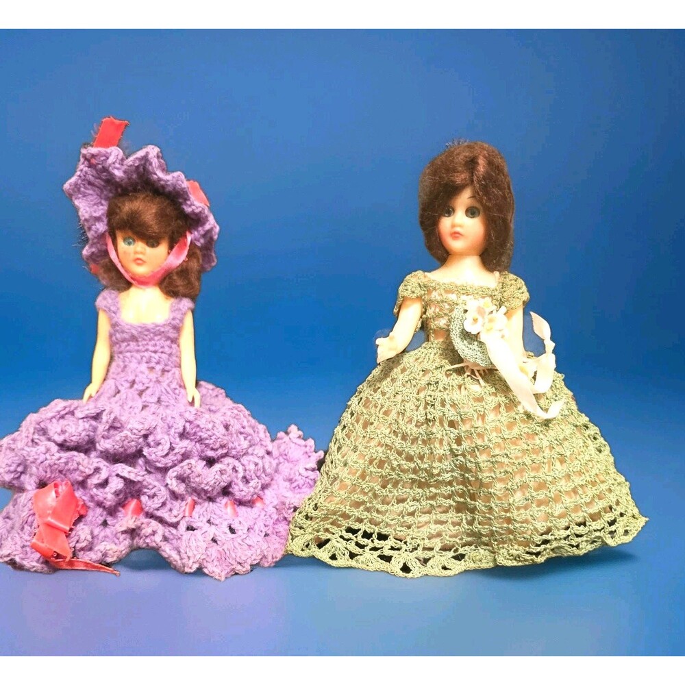 2 DOLLS ✨ Nancy Ann STORYBOOK Doll Crochet DRESS Purple & Pink and GREEN 40s